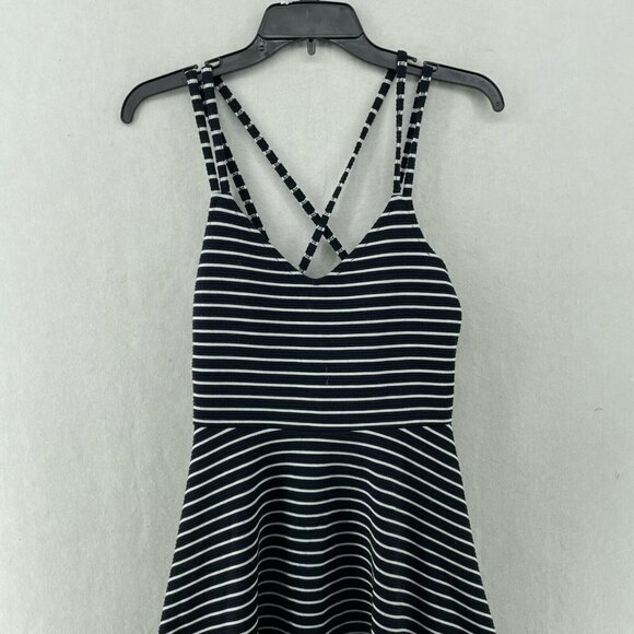 French Connection Dress Sz 6  Black White Striped V-Neck Strappy Back Fit Flare - Picture 5 of 11